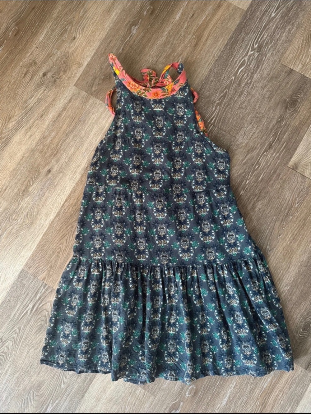 NATURAL LIFE Navy Floral Tiered Dress with Coral Trim
